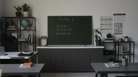 Empty Classroom with Blackboard Showing Math Equations for Education Video stock 339655486