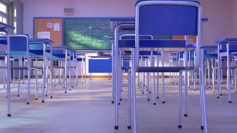 Empty classroom with blue chairs and desks Видео 306681672