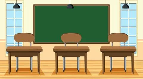 Empty classroom with board and desks Illustrazione stock