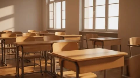 Empty Classroom: Bright Sunlight in a Traditional Learning Space Stock Footage 313246334