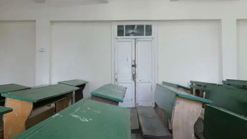 Empty Classroom, Camera Moving Across Desks Stock Footage 103048673
