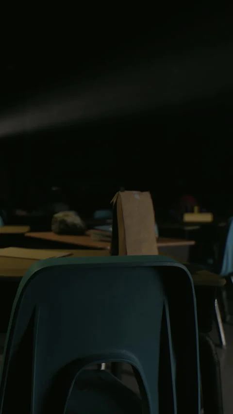Empty classroom with chairs and desks arranged for learning at sunset hour Stock Footage 335688877