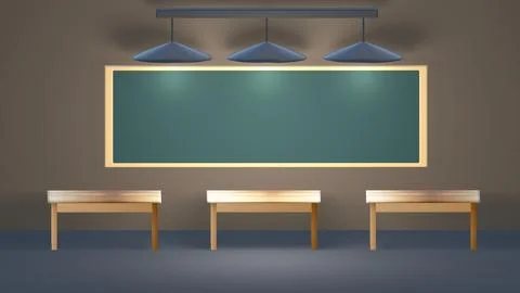 Empty classroom with chalkboard, 3d render of a classroom Illustrazione stock