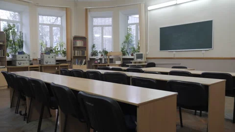 Empty classroom with chalkboard. Interior Concept School, College 80s, 90s Stock Footage 256597051