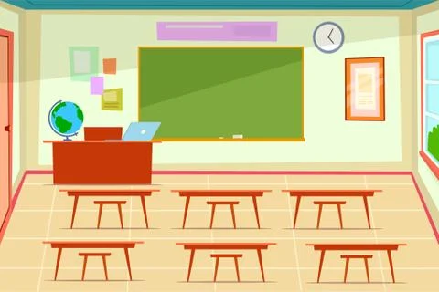 Empty classroom. Class room interior with desk and chairs for kids and teacher Stock Illustration
