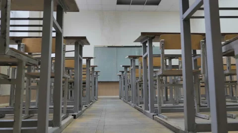 Empty Classroom At College. Classroom With Old Furniture In College Stock Footage 142531769