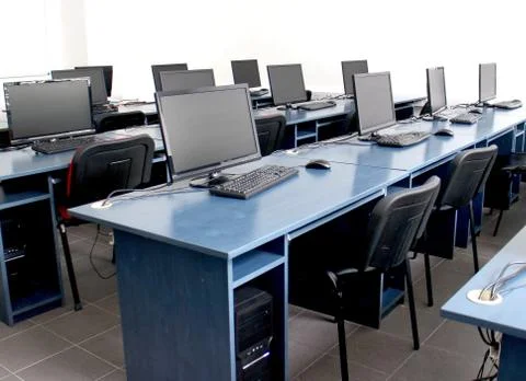 Empty classroom computer education Stock Photos