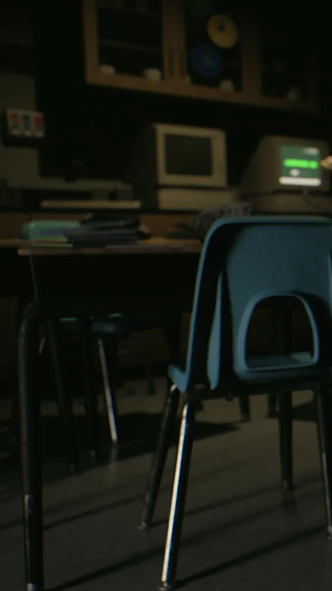 Empty classroom with dark lighting and a desk in the background Stock Footage 341988474
