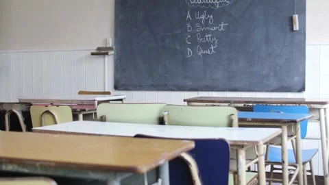 Empty classroom with desk and chair room. Abstract education and competition Stock Footage 256720055