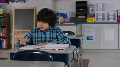 Empty classroom with desk and chair room. Abstract education and competition Stock Footage 256720113