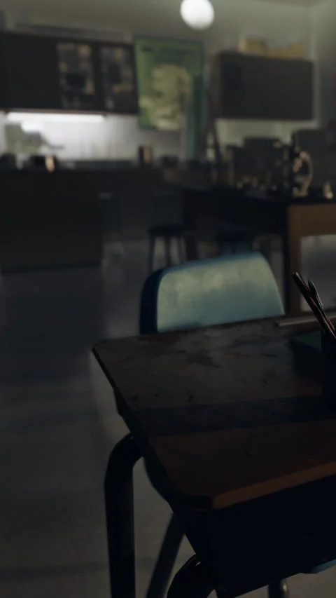 Empty classroom with desk and chair during quiet afternoon hours Stock Footage 340262861