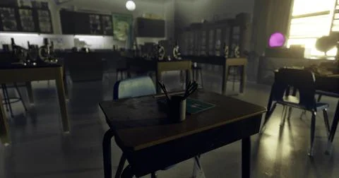 Empty classroom with desk and supplies during afternoon light Stock Illustration