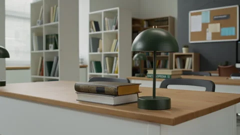 Empty Classroom with Desks and Books Waiting for Students Stock Footage 337472346