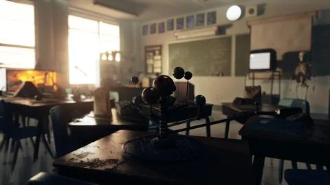 An empty classroom with desks and chairs 스톡 일러스트