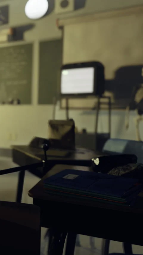 Empty classroom with desks and chalkboard after school hours Stock Footage 334174675