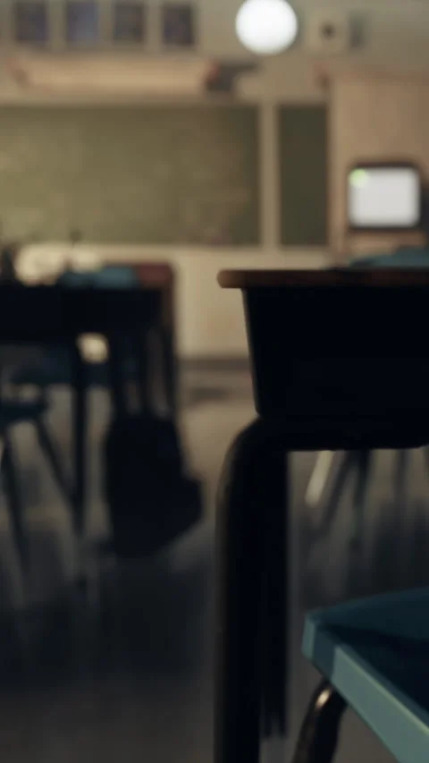 Empty classroom with desks and chalkboard in the background during school hours Stock Footage 335689333