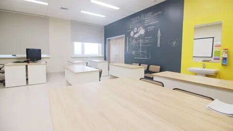 Empty classroom with desks and human organs on blackboard Stock Footage 241339508