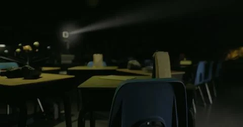 Empty classroom with desks and projection equipment during evening hours Illustrazione stock