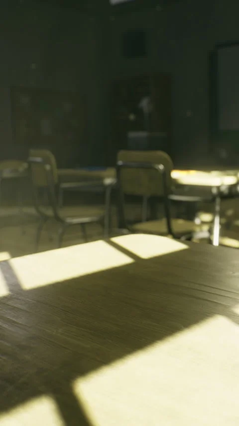 Empty classroom with desks and sunlight shining through windows in afternoon Stock Footage 335236747