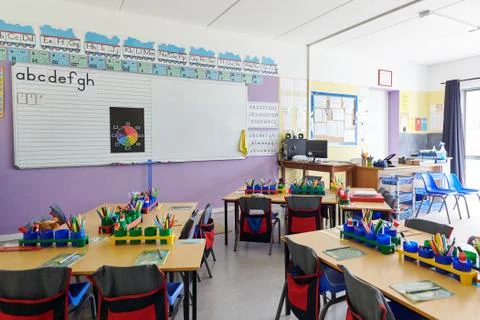 Empty Classroom In Elementary School With Whiteboard And Desks Stock Photos