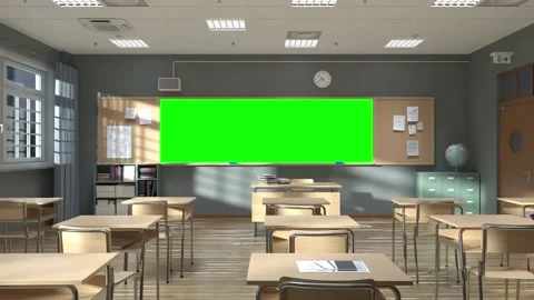 Empty classroom with a green screen chalkboard 3d Видео 313668251