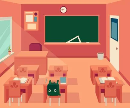 Empty classroom interior with blackboard and desks and chairs cartoon style Stock Illustration