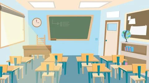 Empty classroom interior with chalkboard desks and school supplies. Stock Illustration