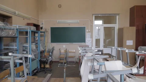 Empty Classroom. Interior Items Are In Disarray Stock Footage 258597477