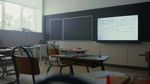 Empty classroom interior. School room with modern projector screen on wall Video stock 154952934