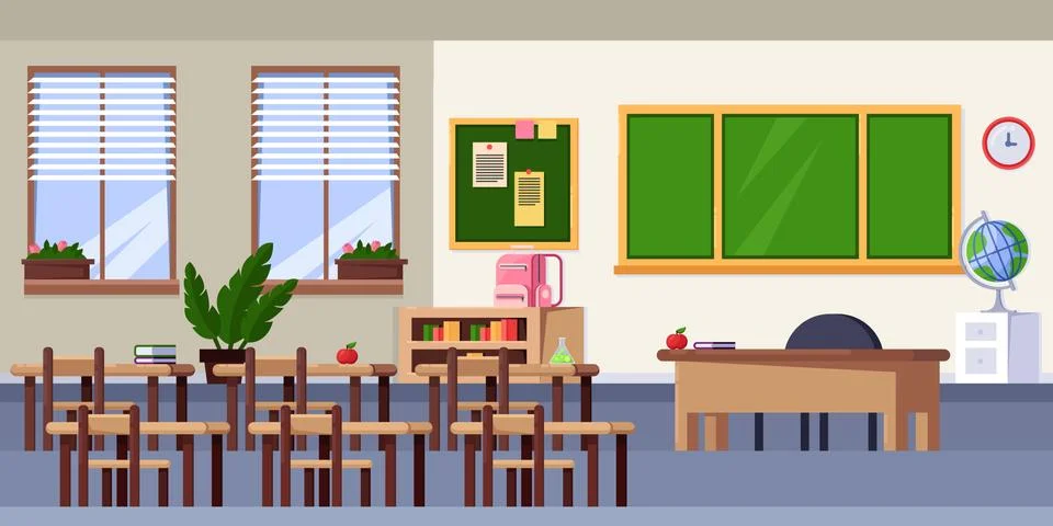 Empty classroom interior, vector flat illustration. School furniture and desi Stock Illustration