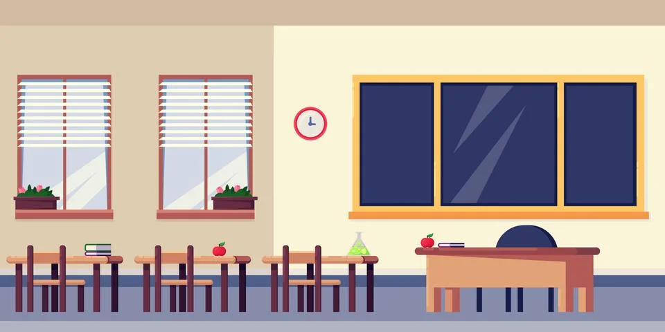 Empty classroom interior, vector flat illustration. School furniture and desi Stock Illustration