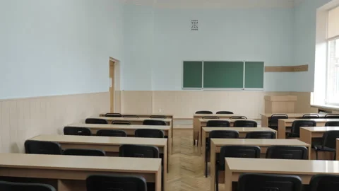 Empty Classroom, Lecture Hall At University, College Steadicam Shot Stock Footage 204075028