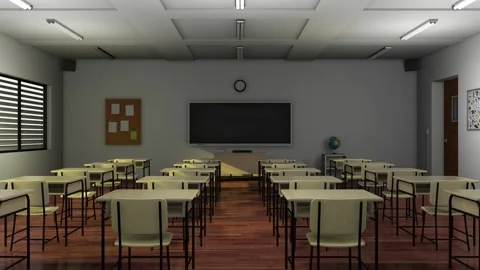 Empty classroom in the morning with lights turning on sequentially. Stock Footage 271343253