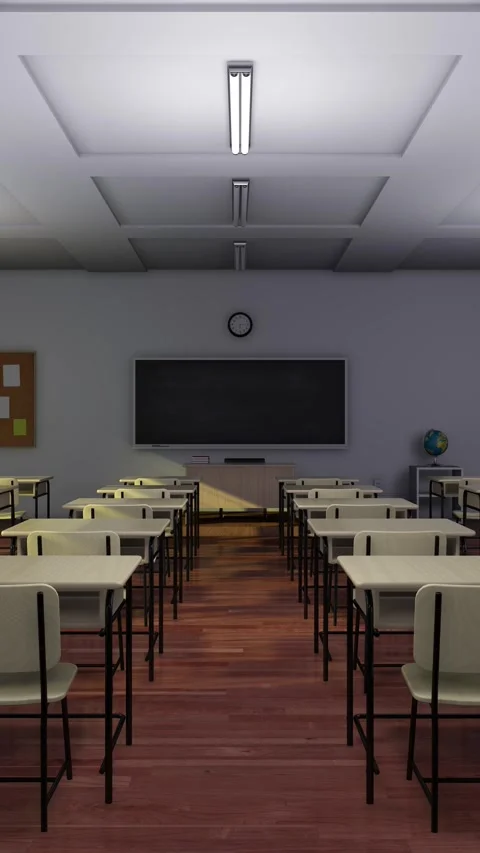 Empty classroom in the morning with lights turning on sequentially. Stock Footage 271359149