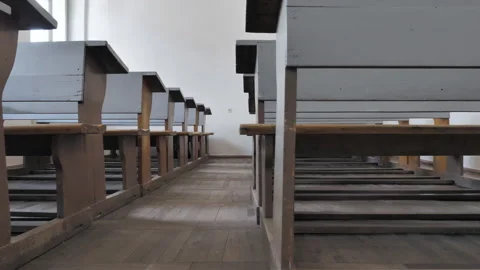 Empty Classroom With Ooutdated Wooden School Desks Stock Footage 257208234
