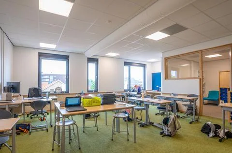 Empty classroom primary school during Covid pandemic Stock Photos