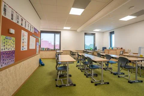 Empty classroom primary school during Covid pandemic Stock Photos