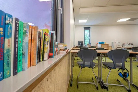 Empty classroom primary school during Covid pandemic Stock Photos