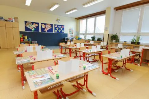 An empty classroom ready for students. Stock Photos