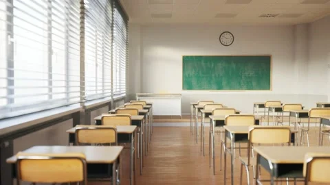 Empty classroom with rows of desks and green chalkboard Stockbeeldmateriaal 133463133