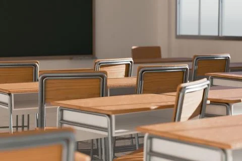 Empty classroom with rows of desks and chairs in a 3D render. Stock Illustration