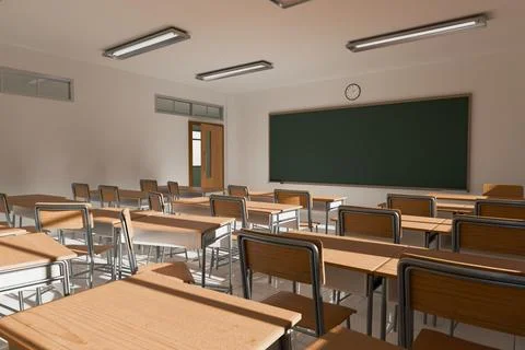 Empty classroom with rows of desks and a green chalkboard. 3d render Stock Illustration