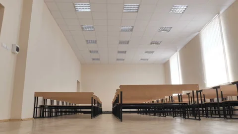Empty Classroom With Rows Of Desks With Chairs. Break At School. Stock Footage 138694522