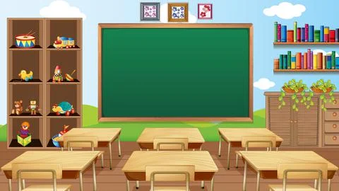 Empty classroom scene with interior decoration and objects Stock Illustration