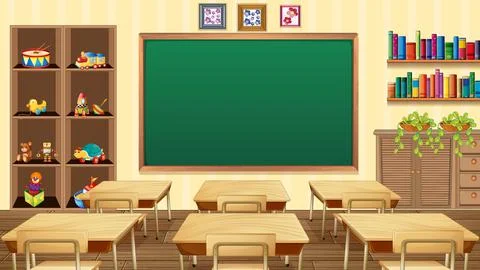 Empty classroom scene with interior decoration and objects Stock Illustration