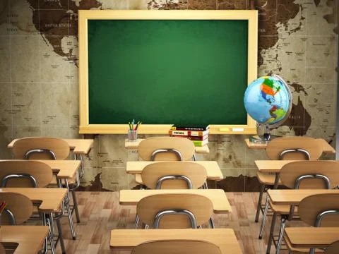 Empty classroom with school desks, chairs and chalkboard. Stock Illustration