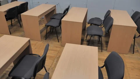 Empty Classroom At School Dolly Across Desks Stock Footage 142280977