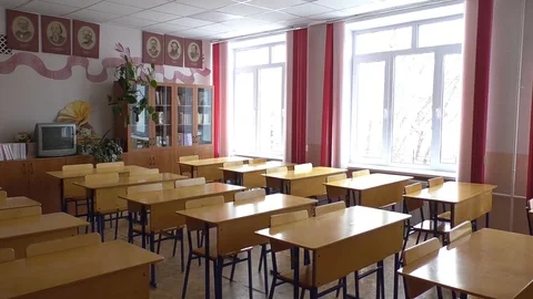 An empty classroom in a secondary school. panorama. quarantine. Stock Footage 128447998