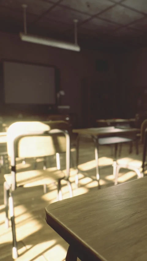 Empty classroom with sunlight entering through the window in afternoon Stock Footage 334248078