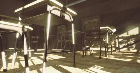 Empty classroom with sunlight illuminating desks and chairs in warm tones Stock Illustration